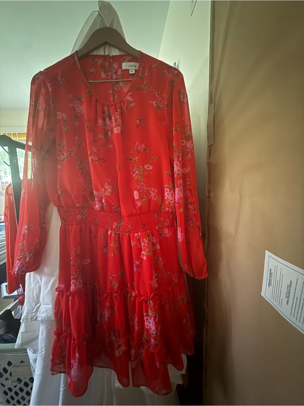 CeCe Red Floral Dress with Pink Blossoms